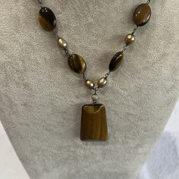 Unbranded Jewelry - Tiger Eye Pendant‎ Necklace Freshwater Pearl Sterling Silver 925 Statement